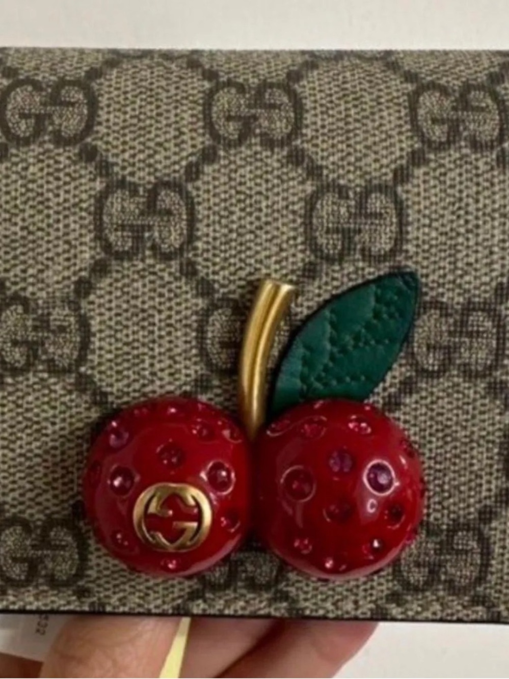 Gucci GG Canvas Wallet with Red Cherry Enamel and Green Leaf